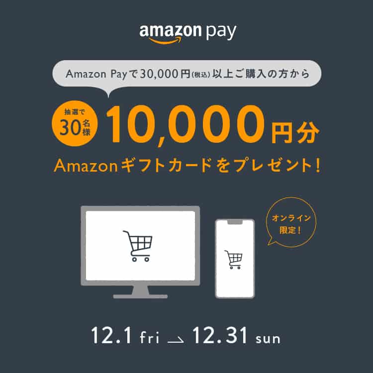 Amazon Payで30,000円（税込）以上ご購入の方から抽選で30名様に10,000円分のAmazonギフトカードをプレゼント！